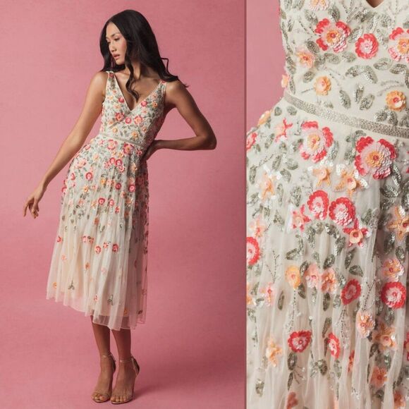 Mac Duggal Dresses & Skirts - Mac Duggal 5527 Size 12 Ivory White Floral Beaded Sequin V-Neck Midi‎ Gown Dress